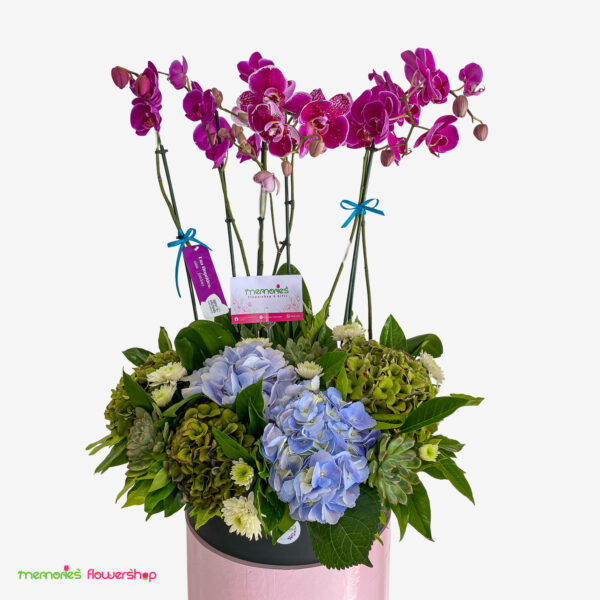 Arreglo Floral para Cumpleaños con orquídeas y hortensias