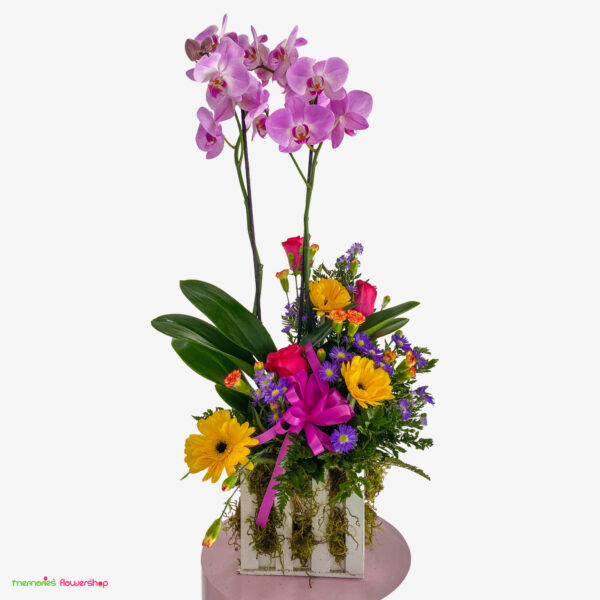 Orquídea de doble vara con rosas fucsia, gerberas amarillas, montecasino morado, mini clavel y follajes en caja de madera.